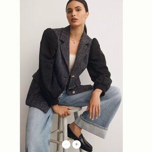 Anthropologie Maeve Mixed Media Tweed Relaxed  Blazer Jacket Size 4 Black Boxy